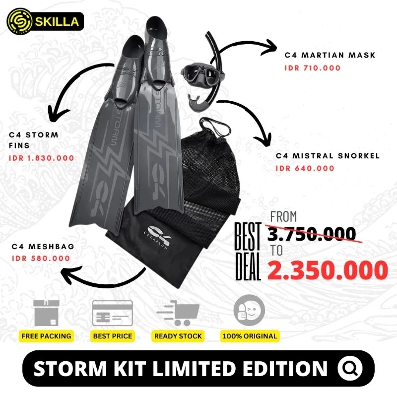 Paket C4 Storm (Mask, Snorkel Fins & Mesh Bag)